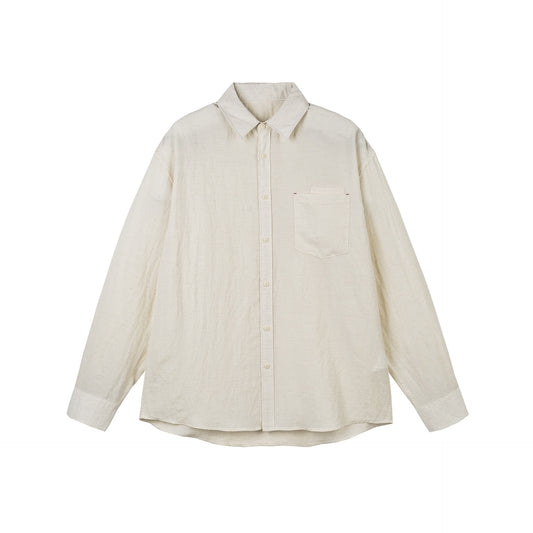 Solid Color Patch Pocket Loose Unisex Linen Long Sleeve Shirt
