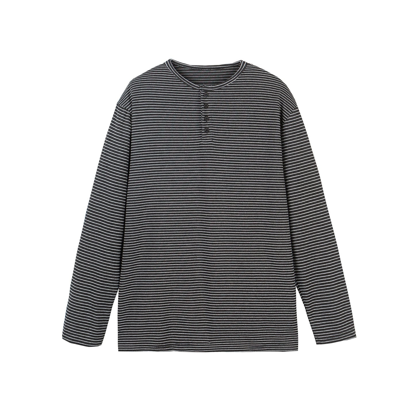 Loose-Fit Henley Striped Long Sleeve T-Shirt for Men and Women