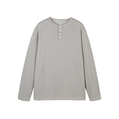 Loose-Fit Henley Striped Long Sleeve T-Shirt for Men and Women