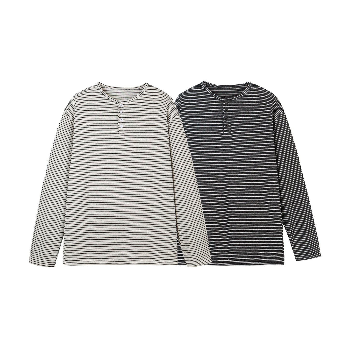 Loose-Fit Henley Striped Long Sleeve T-Shirt for Men and Women