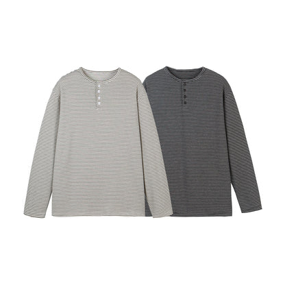 Loose-Fit Henley Striped Long Sleeve T-Shirt for Men and Women