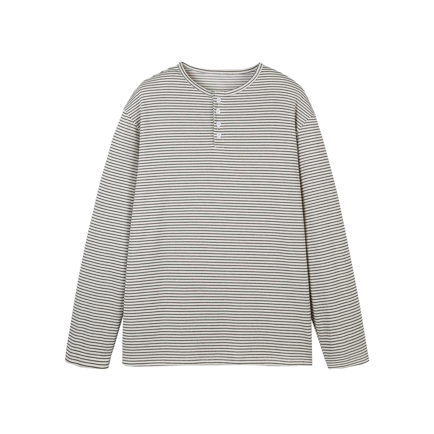 Loose-Fit Henley Striped Long Sleeve T-Shirt for Men and Women